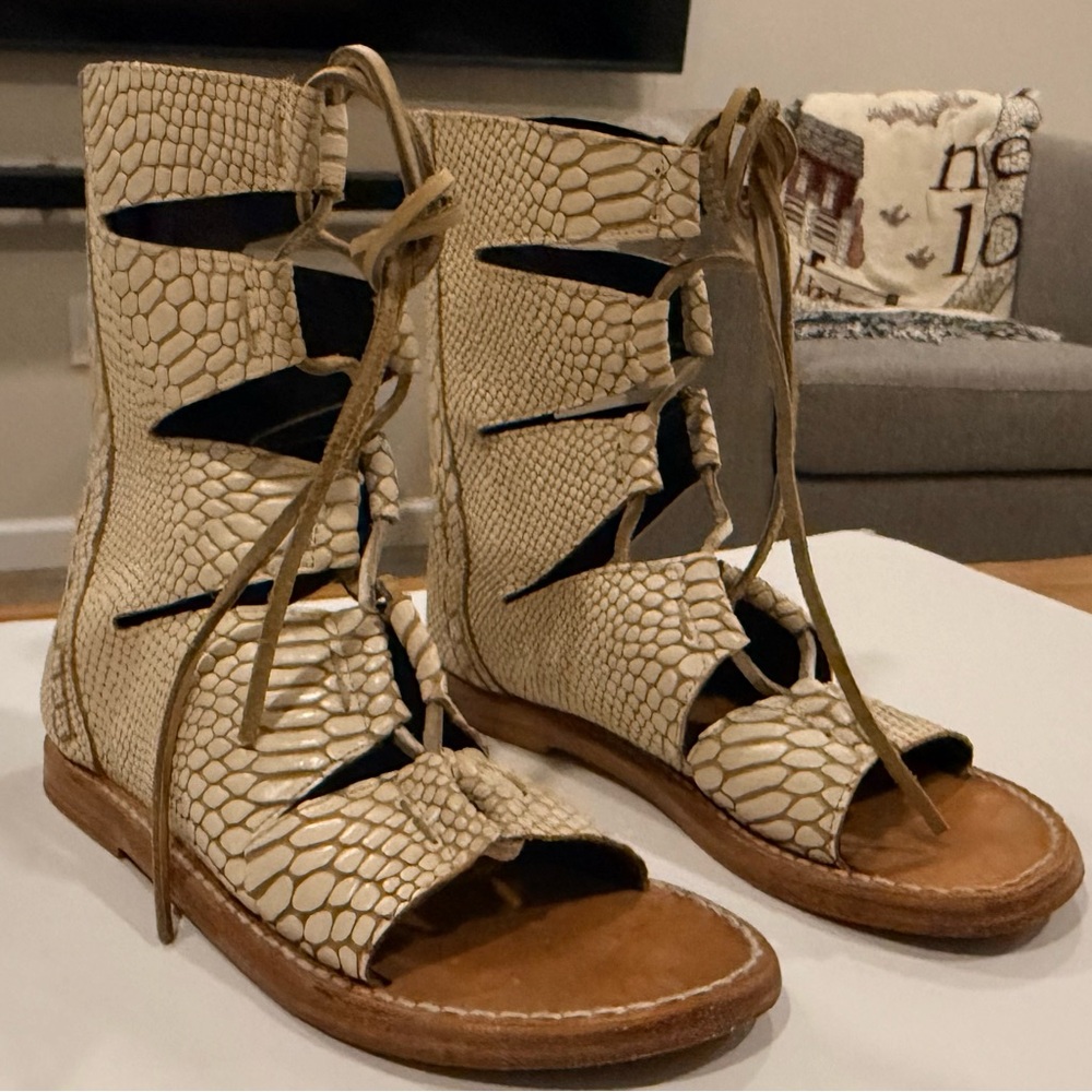 Freebird by Steven Cream Snake-Print Lace-Up Gladiator Sandals